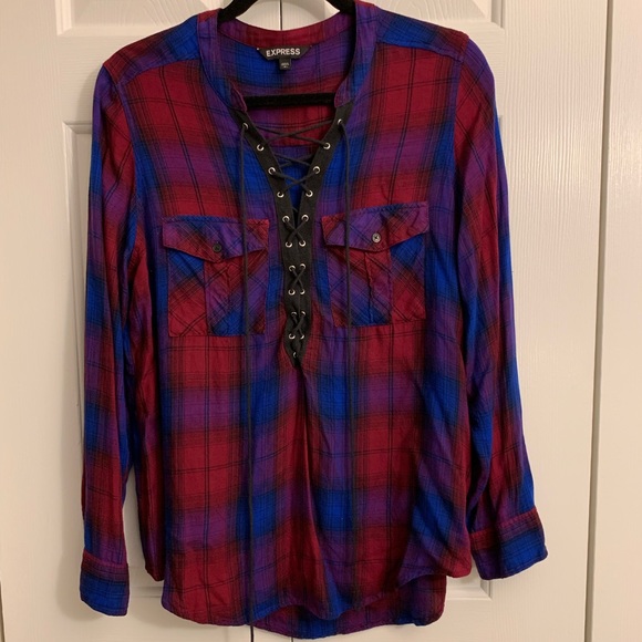 Express Tops - Express Lace-up Plaid Flannel